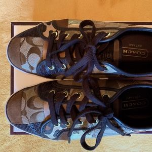 Coach sneakers, size 8, (brown, tan, bronze, gold patchwork). Like new w/box.